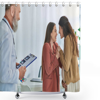 Personality  Happy Lesbian Couple Holding Hands Warmly And Smiling At Each Other, In Vitro Fertilizing Concept Shower Curtains