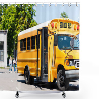 Personality  School Bus Standing On Parking With Blurred Students Walking On Background Shower Curtains