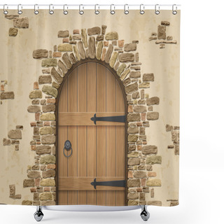 Personality  Arch Of Stone With Closed Wooden Door Shower Curtains