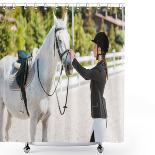 Personality  Side View Of Attractive Female Equestrian Fixing Horse Halter At Horse Club Shower Curtains