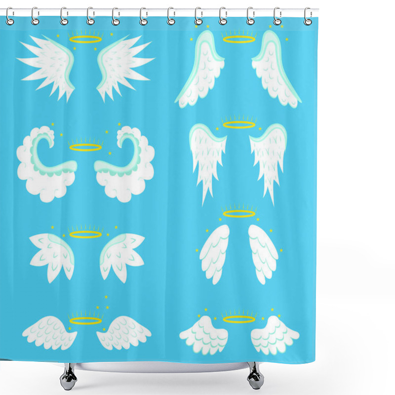 Personality  Cartoon Angel Wings Set Freedom Concept Element Flat Design Style On A Blue Background. Vector Illustration Of Wing Shower Curtains