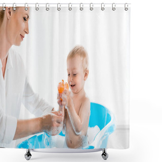 Personality  Happy Mother Washing Cheerful Toddler Son Holding Rubber Duck In Bathroom  Shower Curtains