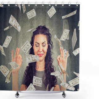 Personality  Happy Business Woman Meditating Under Money Rain Shower Curtains