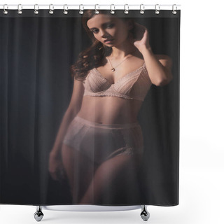 Personality  Sensual Young Woman In Lingerie Looking At Camera While Posing On Black Background Shower Curtains