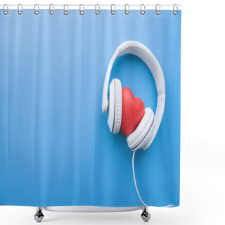 Personality  Top View Of Wired Headphones With Red Heart Sign In Middle On Blue Surface Shower Curtains
