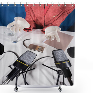 Personality  Top View Of Microphones, Voice Recorder And Glass Of Water Near Cropped Woman In White Gloves On Blue Background Shower Curtains