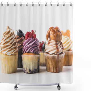 Personality  Close Up View Of Various Sweet Cupcakes Isolated On White Shower Curtains