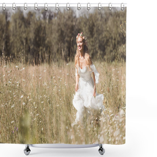 Personality  Cheerful Young Bride In Wedding Dress Running On Beautiful Field  Shower Curtains