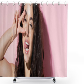 Personality  Freckled Woman Showing Peace Sign On Pink Background, Banner  Shower Curtains