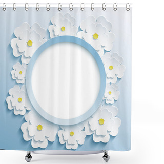 Personality  Round Blue Frame With 3d White Sakura Shower Curtains