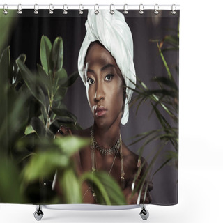 Personality  Attractive African American Woman In White Wire Head Wrap Behind Leaves Shower Curtains