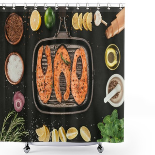 Personality  Top View Of Salmon Steaks On Grill And Spices On Black Shower Curtains