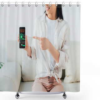 Personality  Cropped Shot Of Young Latin Woman Showing Smartphone With Marketing Analysis App On Screen Shower Curtains
