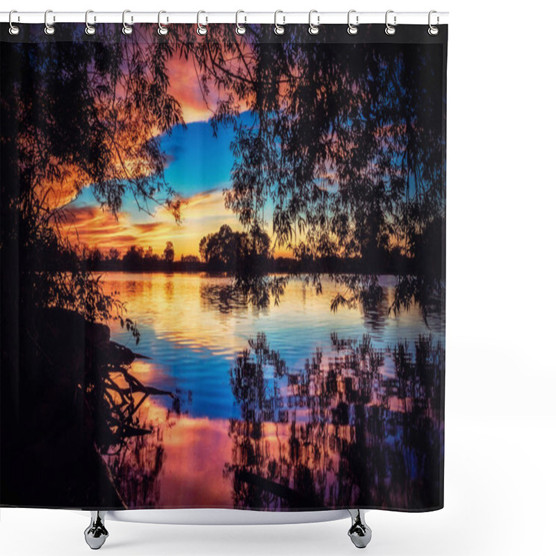 Personality  River Sunset Reflections. Glowing Silhouette Landscape. Shower Curtains