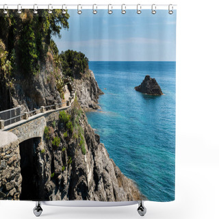 Personality  Monterosso, Liguria, Italy, June 2020. La Via Dell'amore Panoramic Path That Connects The Cinque Terre: An Amazing Corner Of Coast With Crystal Clear Waters And Wild Nature. Beautiful Summer Day. Shower Curtains