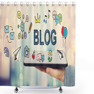 Personality  Blog Concept With Man Holding A Tablet  Shower Curtains