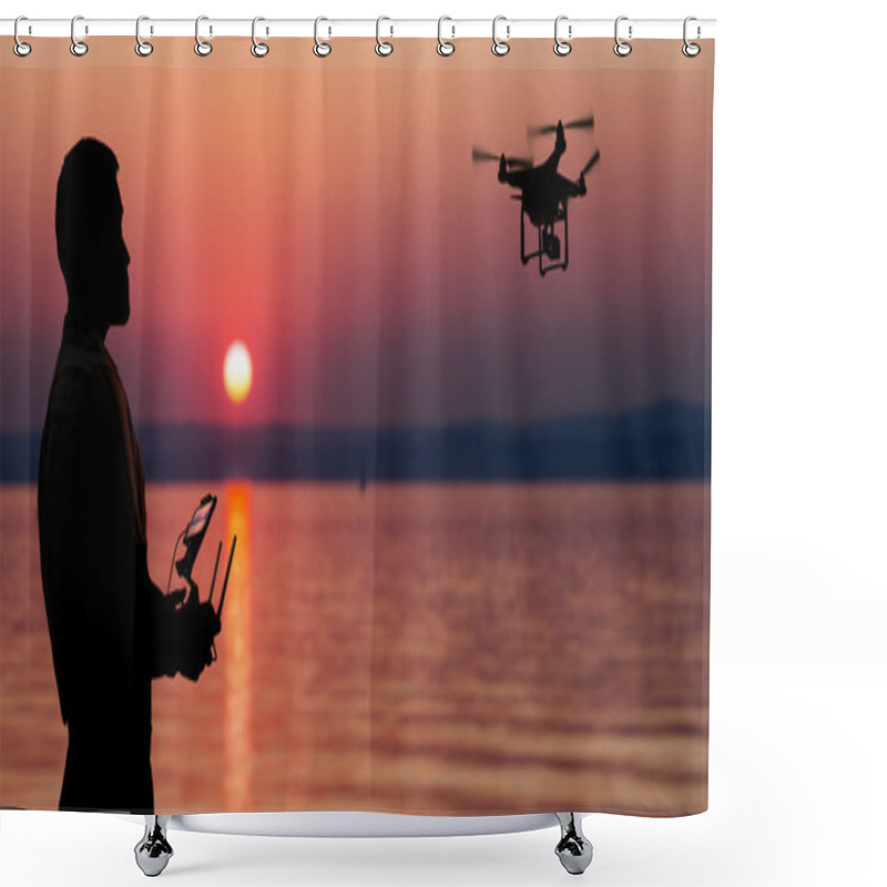 Personality  Man Flying A Drone Near Seaside At The Sunset. Shower Curtains