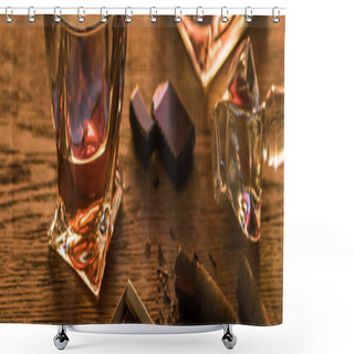 Personality  Glass Of Brandy With Cigars, Lighter And Matches On Wooden Table, Panoramic Shot Shower Curtains
