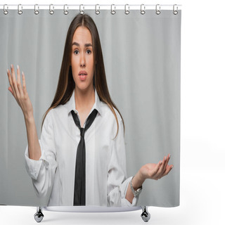 Personality  Confused Young Woman In White Shirt And Tie Gesturing Isolated On Grey Shower Curtains