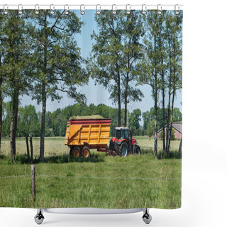 Personality  Tractor With Silage Trailer, Freshly Mown Grassland And Road With Trees . Farm In The Background And Fence In The Foreground. Dutch Picture With A Blue Sky. Dronten, June 2021 Shower Curtains