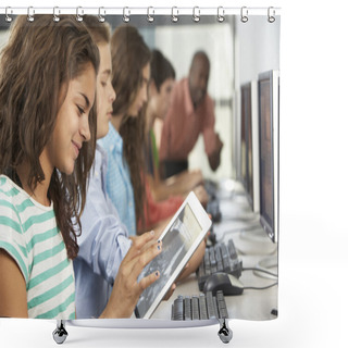Personality  Girl Using Digital Tablet In Computer Class Shower Curtains