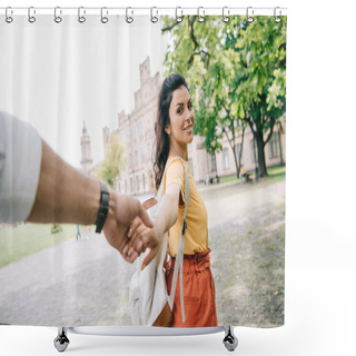 Personality  Cropped View Of Man Holding Hands With Attractive Girl Walking Near University  Shower Curtains
