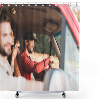 Personality  Happy Young Friends Travelling By Car And Riding By Flower Field Shower Curtains