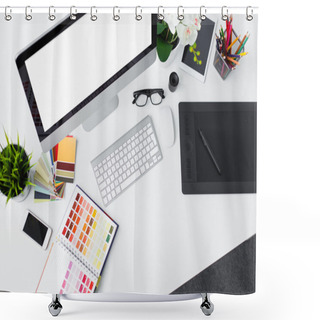 Personality  Creative Professional Designer's Desk From Above Shower Curtains