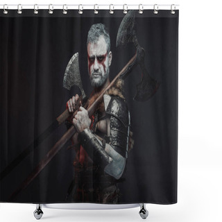 Personality  Serious And Violent Warrior From Fantasy With Two Axes In Studio Shower Curtains