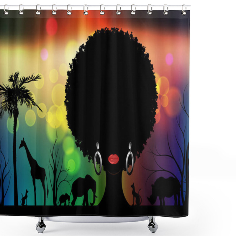 Personality  African Safari Animal Silhouette Landscape Scene And Portrait African Woman In Traditional Hair Curly. Tree Of Life Concept  And Blurred Colorful Sunset Background. Mother Earth, Mother Nature Concept Shower Curtains