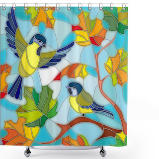 Personality  Illustration In Stained Glass Style On The Theme Of Autumn, Two Tits In The Sky And Maple Leaves Shower Curtains