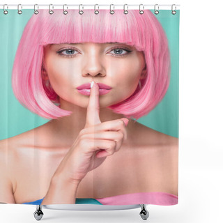 Personality  Close-up Portrait Of Young Woman With Pink Bob Cut Showing Silence Gesture And Looking At Camera Isolated On Turquoise Shower Curtains