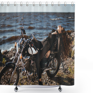 Personality  Beautiful Curly Girl Resting On Classic Cruiser Motorbike Shower Curtains