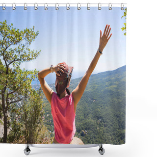 Personality  Woman In A Hat Looks At The Panoramic View From The Mountain To The Sea And The Forest. Tourist, Trekking, Travel. Active Ecotourism, Healthy Lifestyle, Adventure Shower Curtains