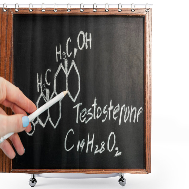 Personality  Cropped View Of Woman Holding Pencil Near Blackboard With Testosterone Formula Shower Curtains