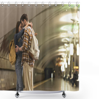Personality  Two Stylish Tourists Embracing Each Other At Subway Station  Shower Curtains