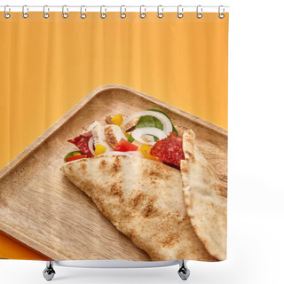 Personality  Fresh Burrito With Chicken And Vegetables On Board On Orange Background Shower Curtains