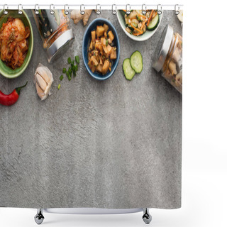 Personality  Top View Of Tasty Kimchi In Bowls And Jars Near Chopsticks, Garlic And Chili Pepper On Concrete Surface Shower Curtains