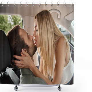 Personality  Attractive Blonde Woman With Closed Eyes Kissing Man On Drivers Seat In Modern Car, Love Affair Shower Curtains