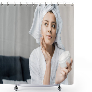 Personality  Beautiful Girl With Towel On Head Applying Cosmetic Cream On Face Shower Curtains