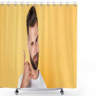 Personality  Panoramic Shot Of Smiling Handsome Man In White T-shirt Showing Call Me Gesture Isolated On Yellow Shower Curtains