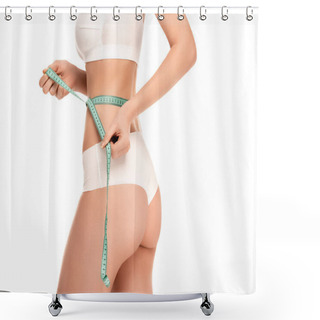 Personality  Cropped View Of Young Woman Holding Measuring Tape While Measuring Waist Isolated On White  Shower Curtains