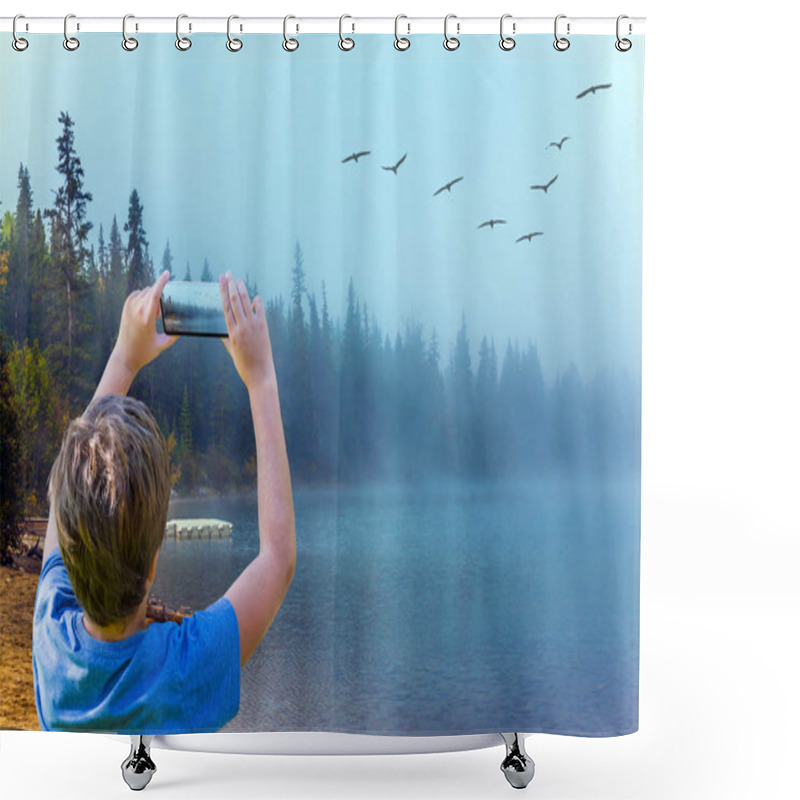 Personality  Boy Photographs Landscape With Smartphone. Rocky Mountains, Canada. Pyramid Lake Under Morning Fog. The Concept Of Ecological And Photo Tourism Shower Curtains