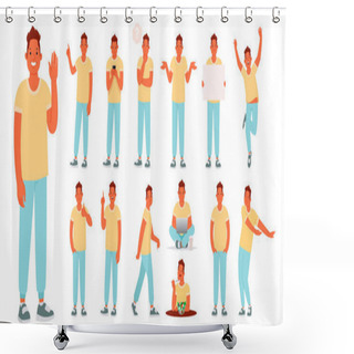 Personality  Set Of Character Of A Young Man In Various Poses And Actions. Th Shower Curtains