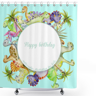 Personality  Cute Watercolor Dinosaurs Frame, Round Border Shower Curtains