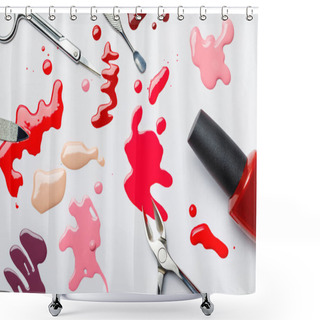 Personality  Top View Of Manicure Set Near Multicolored Spills Of Nail Polish Isolated On Grey Shower Curtains