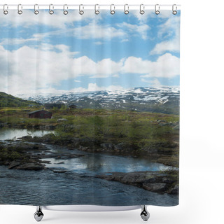 Personality  River And Norwegian Mountains Shower Curtains