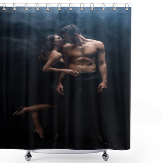 Personality  Full Length Of Sensual Woman Touching Belt Of Muscular Man On Black Background With Smoke Shower Curtains