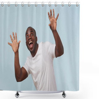 Personality  Handsome Bold Black Man In White T-shirt Is Smiling, Against Pale Blue Background. ?razy Eyes, Eyebrows Raised. Wow Gesture. Grimacing. Shower Curtains
