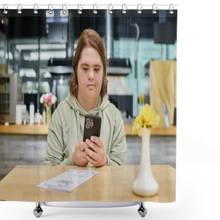 Personality  Young Woman With Down Syndrome Chatting On Smartphone Near Menu Card On Table In Modern Cafe Shower Curtains